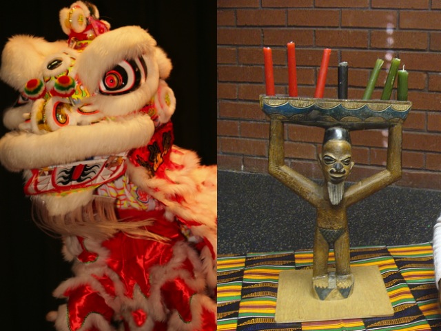 Chinese New Year dragon and a Kwanzaa kinara